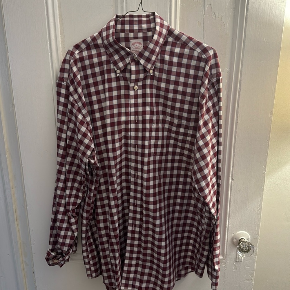 Men’s Brooks Brother’s Dress Shirt-L- Burgandy & White w Blue Logo
